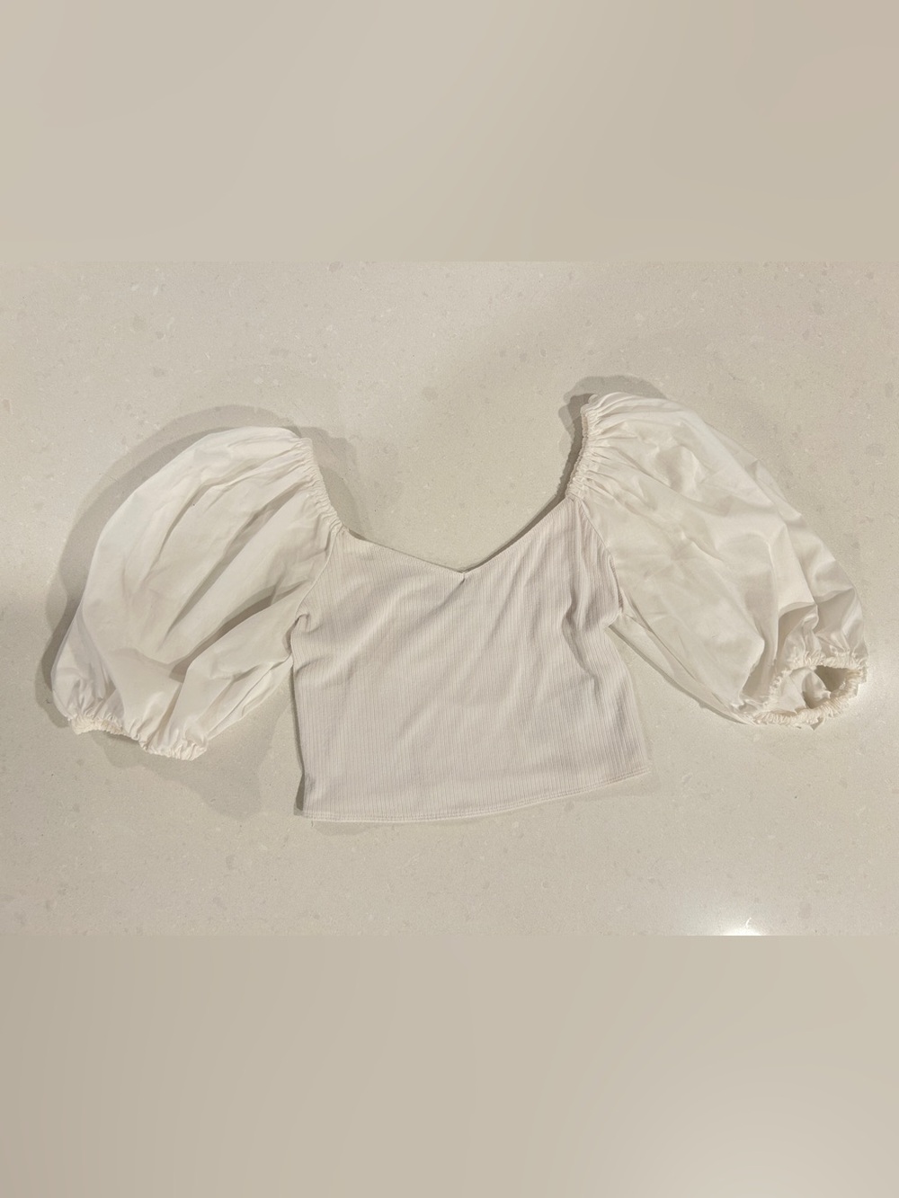 Abercrombie & Fitch White Puff-Sleeve Ribbed Crop Top
